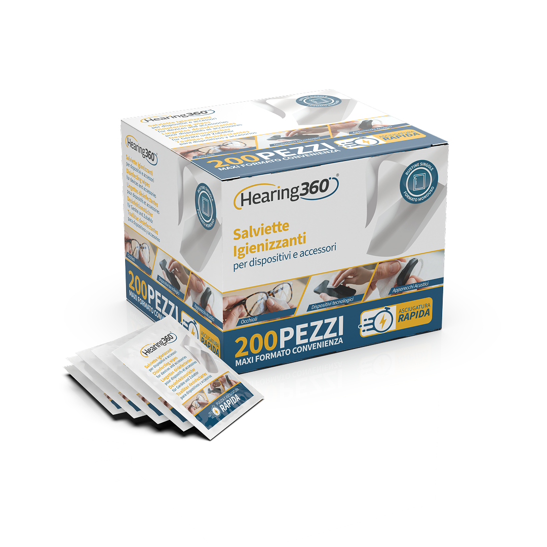 Scatola da 200 Salviette Detergenti Igienizzanti Salviettine per Apparecchi Acustici, Smartphone ed Occhiali