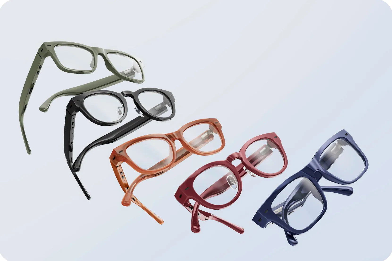 Cinque paia di occhiali Nuance Audio Plus nei cinque colori, disposti a ventaglio